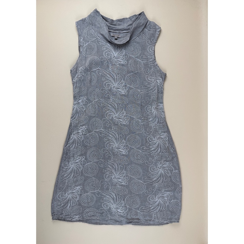 Lina Tomei Large Linen Shift Dress Coastal Embroidered Italy Cowl Neck Pocket